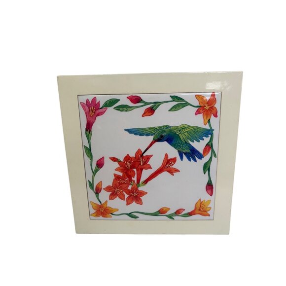 Hand-Painted Ceramic Tile Wall Hanging With Hummingbird & Floral Design In Woode - Picture 2 of 9